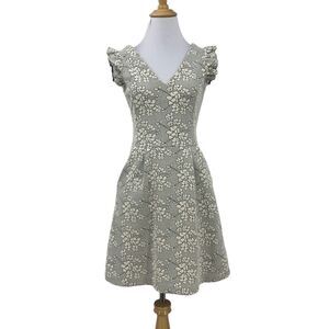Tabitha Anthropologie V Neck Floral Dress Womens 0 Ruffle Cap Sleeves Back Zip